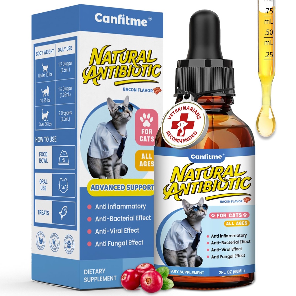 Cat Antibiotic for Infections, UTIs, Respiratory Moments, Cold, & Allergies | Natural Supplement, Immune Support, Antibiotics for Cats of All Ages & Breeds, Bacon Flavor, 2 Oz