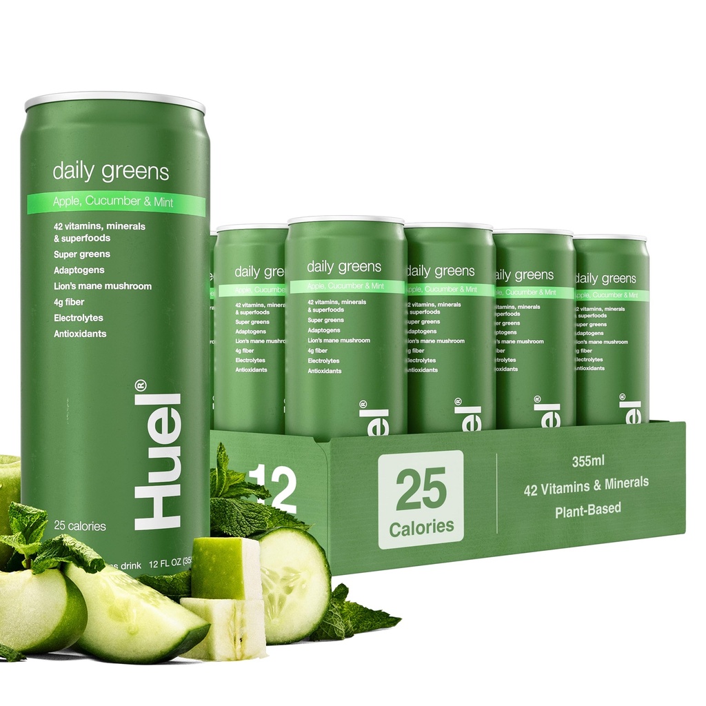 Huel Daily Greens Ready-to-Drink | Superfood Super Greens | 4g Fiber | Apple Cucumber Mint | 12 fl oz - 12 Pack | 42 Vitamins, Minerals, and Superfoods | Adaptogens, Antioxidants, & Probiotics