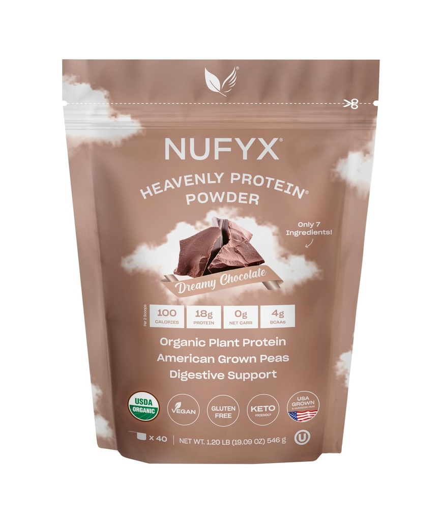 NUFYX® Family Owned Protein Powder, Organic Plant-Based, Made with 100% USA Grown Peas, 18g Protein for 100 Calories, Only 7 Ingredients, Digestive Support (Dreamy Chocolate, 40 Scoops)