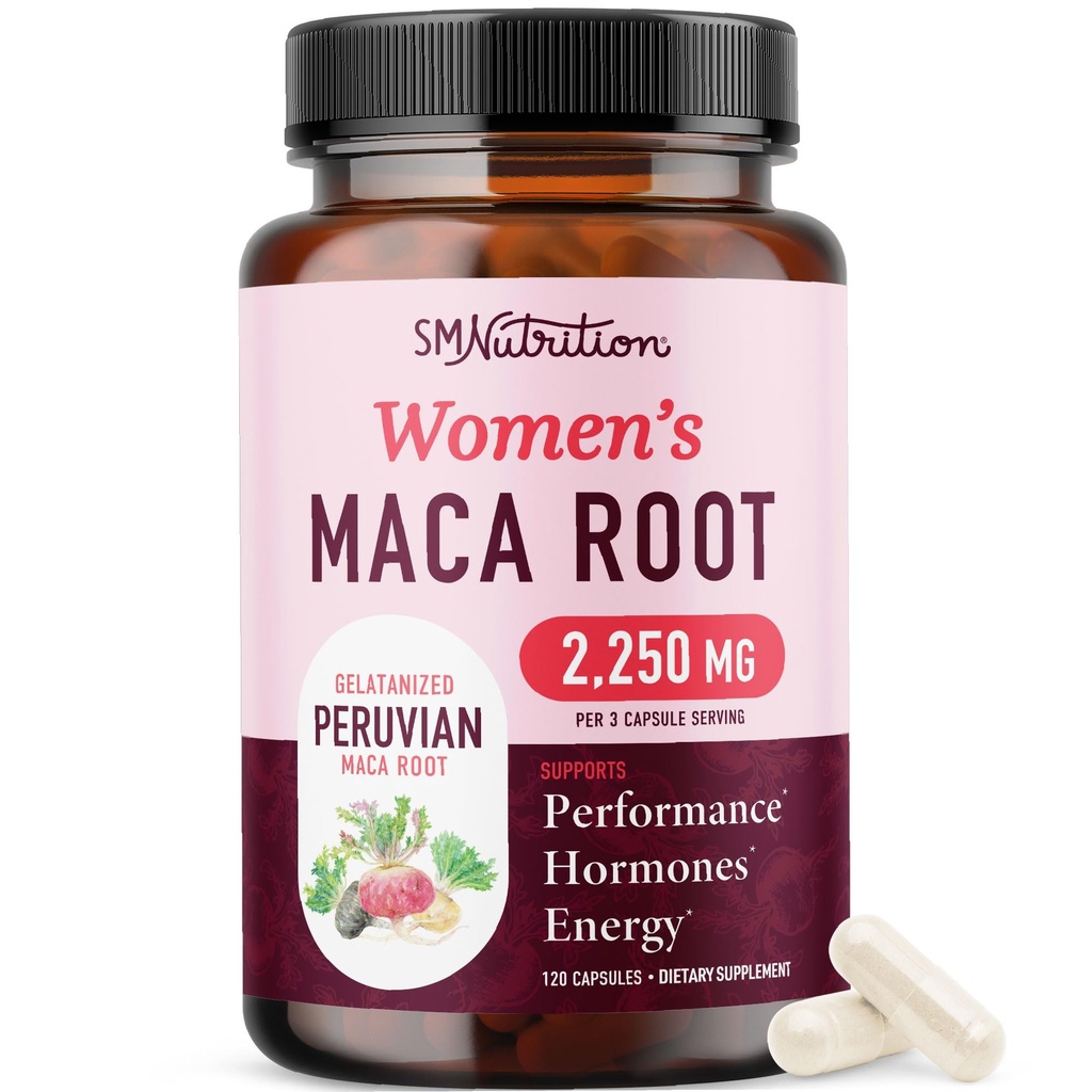 Organic Maca Root Capsules for Women | Peruvian Maca 2250MG Extra Strength | Red, Black & Yellow Root Powder with Black Pepper | Herbal Supplement to Support Energy & Hormone Balance | 120 Ct
