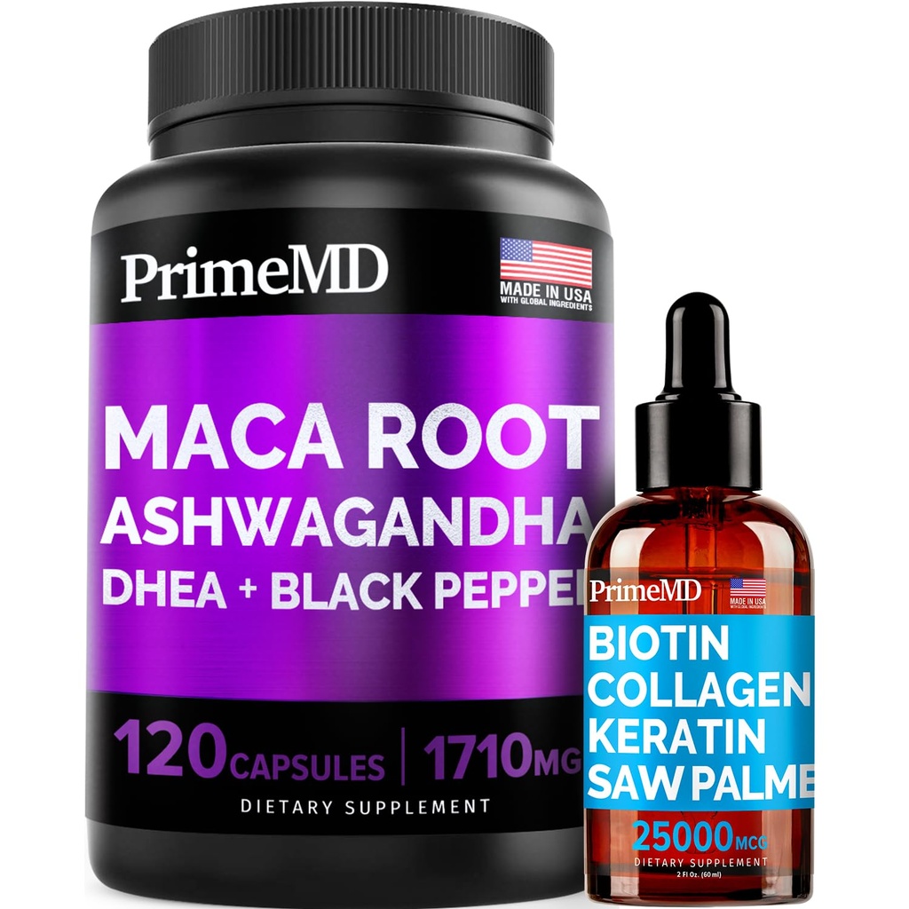 4-in-1 Liquid Biotin Collagen Keratin Saw Palmetto Drops (2 fl oz - 1 Pack) & 6-in-1 Maca Root Ashwagandha w Black Pepper Fruit (120ct) Bundle - Hair, Skin, Nails, Energy & Mood Support Supplement