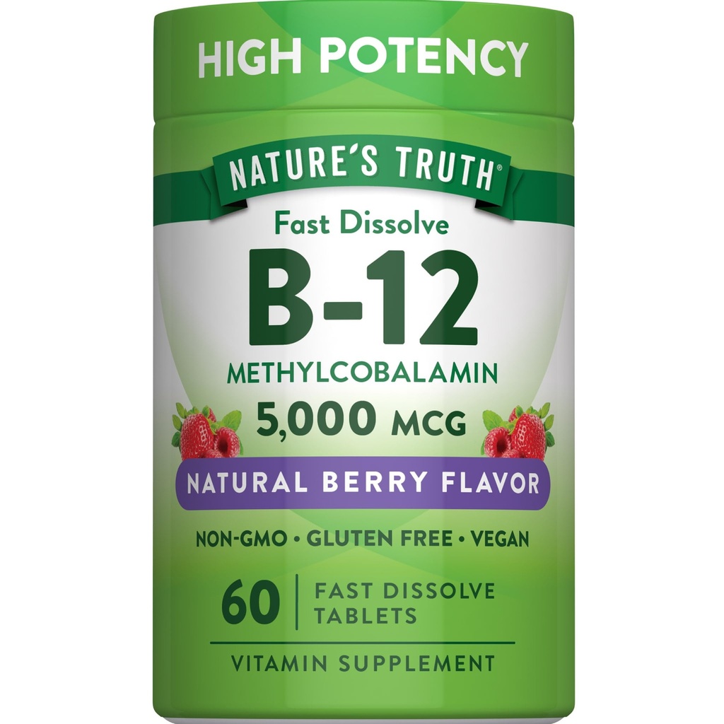 Nature's Truth B12 Vitamin | 5000 mcg | 60 Tablets | Fast Dissolve Natural Berry Flavor | Vegan, Non-GMO & Gluten Free Supplement