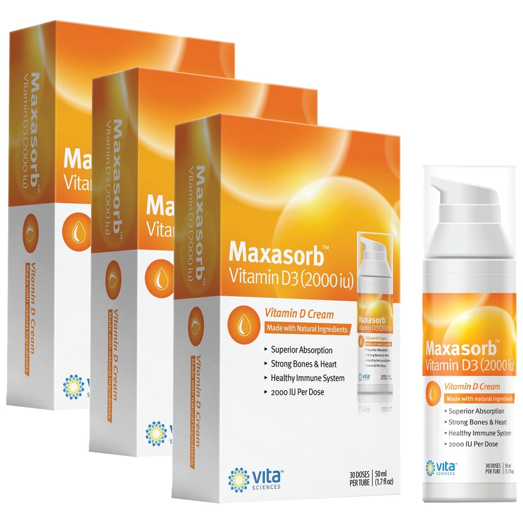 Vita Sciences Maxasorb Vitamin D3 Cream 2,000 IU, Topical Formula - 3 Pack | Delivers 2,000 IU of Topical Vitamin D3 Cream Per Pump - Fast-absorbing, Non-greasy, Paraben-Free Daily Skin Moisturizer.