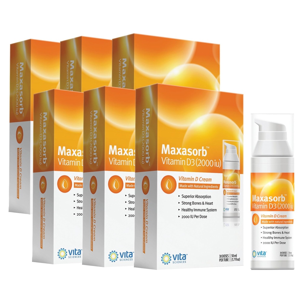 Vita Sciences Maxasorb Vitamin D3 Cream 2,000 IU, Topical Formula - 6 Pack | Delivers 2,000 IU of Topical Vitamin D3 Cream Per Pump - Fast-absorbing, Non-greasy, Paraben-Free Daily Skin Moisturizer.