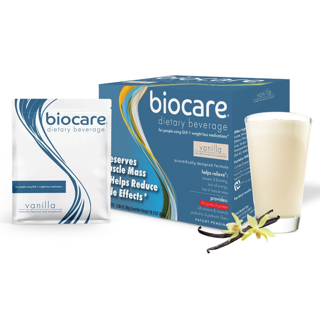 Biocare Nutritional Beverage, Dietary Powder Drink Provides 30g Essential Protein, 26 Vitamins/Minerals, Helps Ease Nausea, Bloating, Constipation, Vanilla Shake 14ct