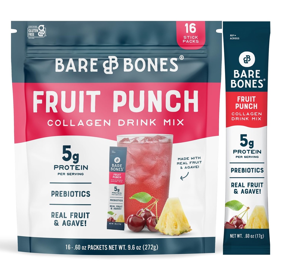 Bare Bones Fruit Punch Collagen Protein Water Drink Mix, 16 Packets | 5g Collagen Protein | Prebiotic Collagen Water Drink Mix Stick | Naturally Sweetened, Light & Flavorful | Gluten & Dairy Free