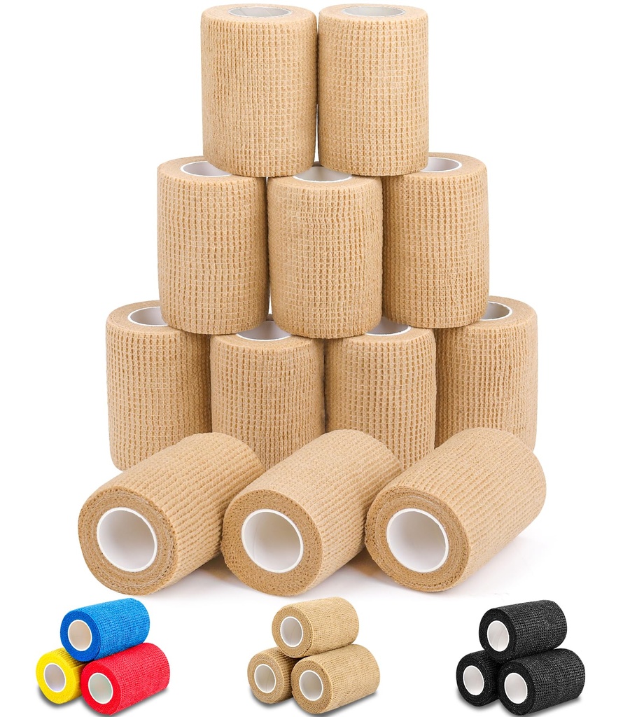 AZEN 12 Pack Self Adhesive Bandage Wrap, 3" X 5 Yards Elastic Cohesive Bandage Wrap, Vet Wrap, Ankle Tape, Tattoo Grip Tape Wrap, Skin Color Athletic Tape