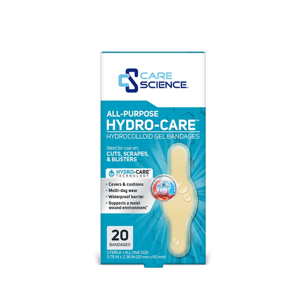 Care Science Hydrocolloid Gel Bandages, 0.78in x 2.36in, 20 Count | For Use on Minor Cuts, Scrapes and Blisters. Waterproof, Covers and Cushions, Supports a Moist Wound Environment.