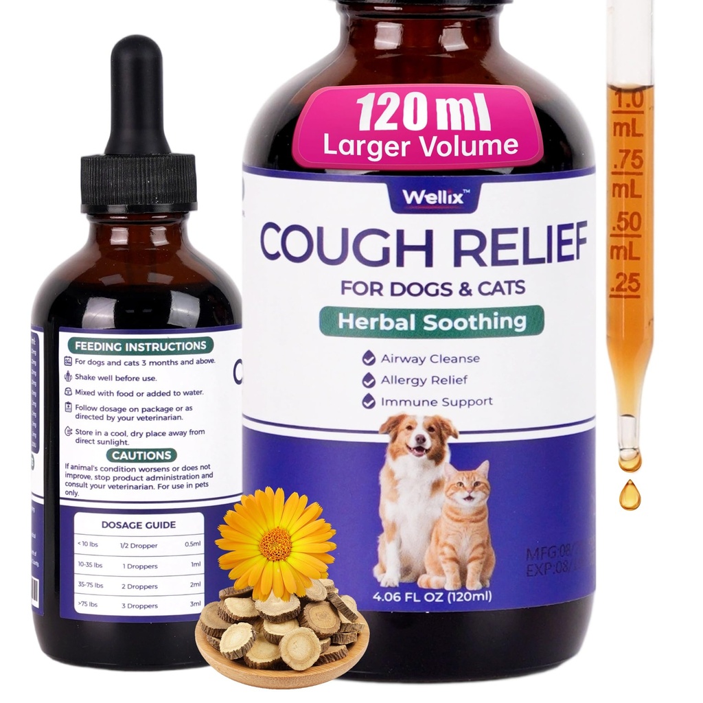 Wellix 4oz Kennel Cough Treatment for Dogs & Cats, Cold Relief High-Volume | All-Natural Herbal Formula for Dog Cough, Sneezing & Cat Cold Relief – Long-Lasting Bacon Flavor Throat Gold for Dogs