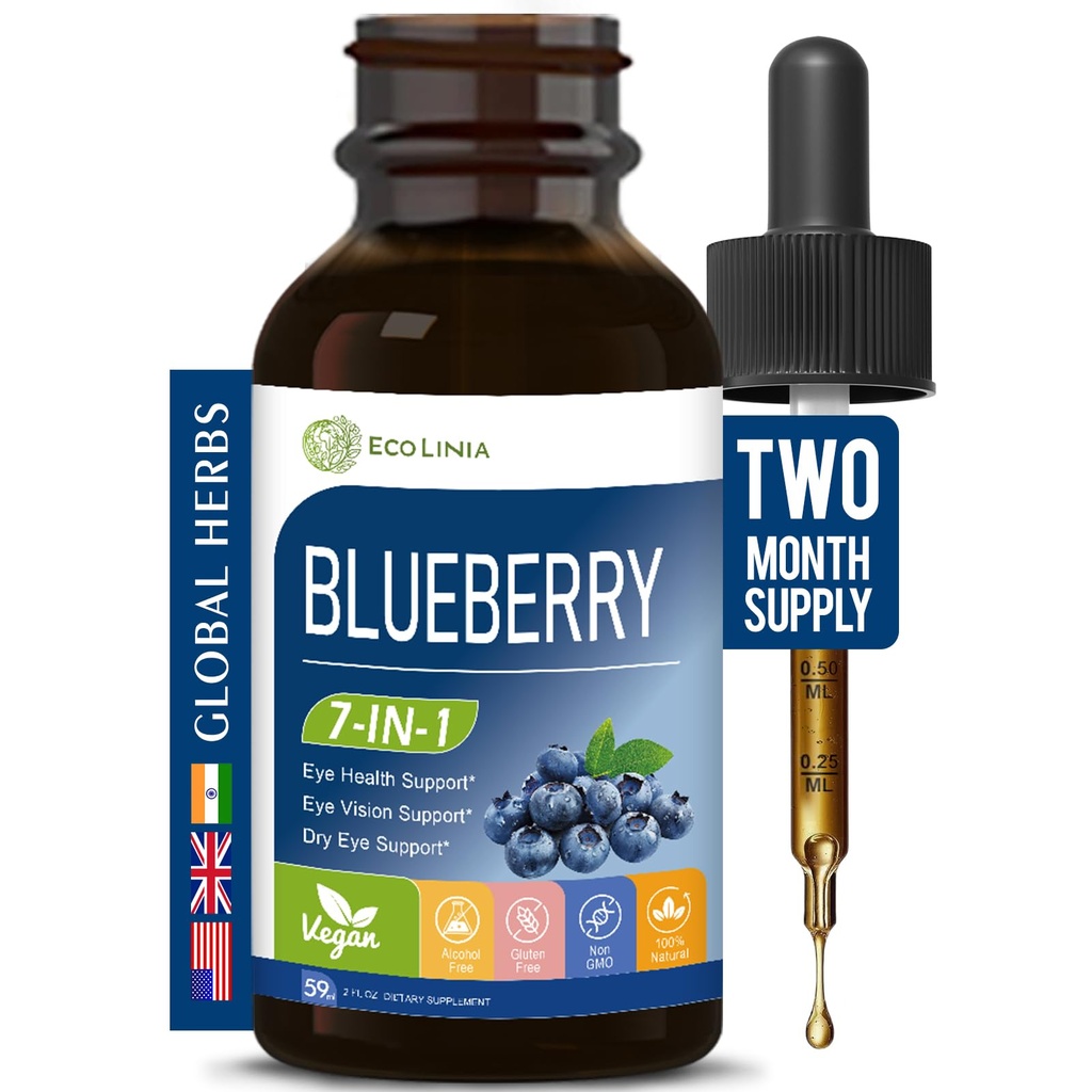Blueberry Extract Drops with Lutein & Zeaxanthin for Eye Health | 7-in-1 Herbal Drops, Oral Liquid Support Dry Eye & Vision, with Bilberry Eyebright Herb, Hight Absorption Liquid Form - 2 oz