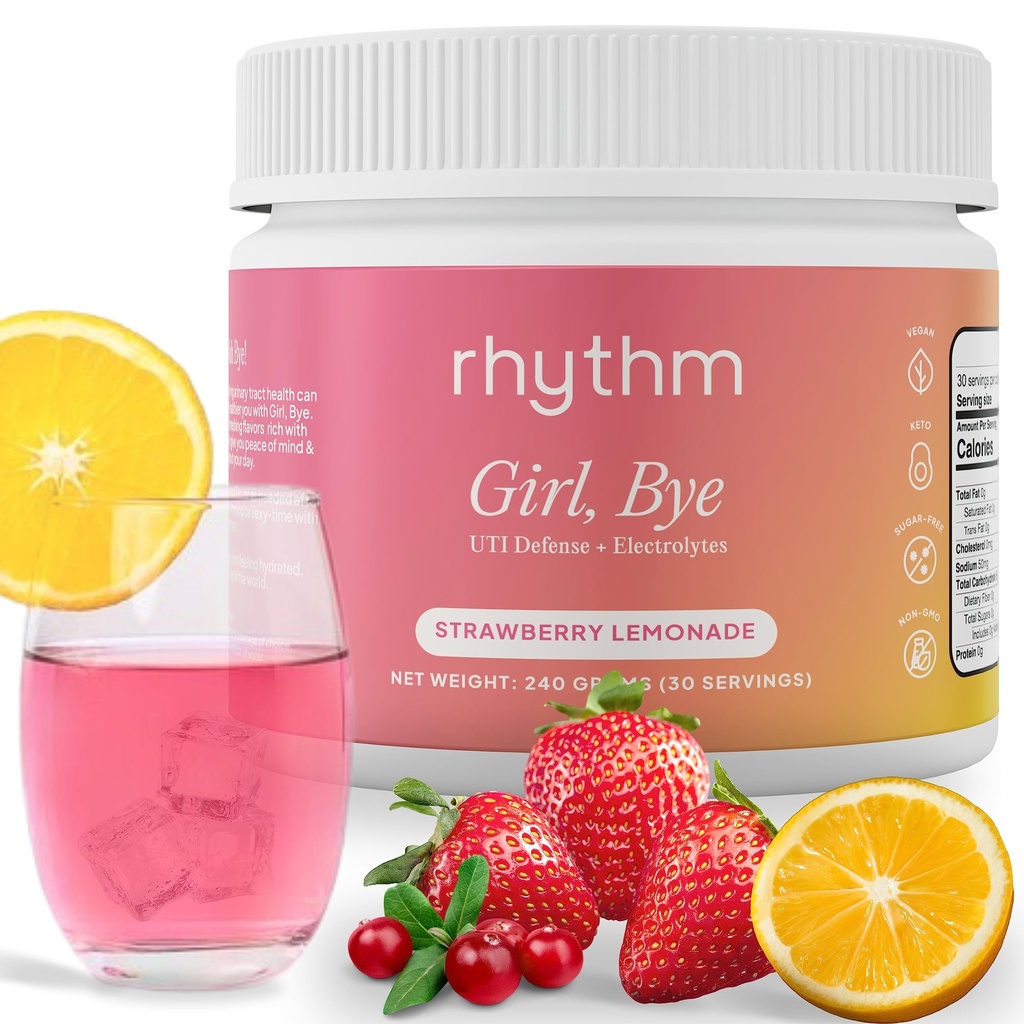 rhythm Girl, Bye | 30 Servings | Fast-Acting Keto UTI Relief & Defense + Rapid Hydration Urinary Tract Health Drink Mix | pH Balancing | Workout & Intimacy | Intermittent Fasting (Strawberry Lemonade)
