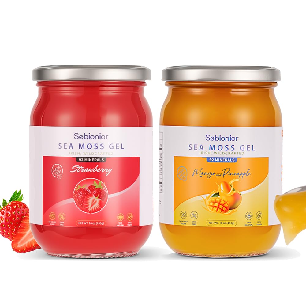 Sea Moss Gel Essential Vitamins, Trace Minerals, Vegan superfoods, jams, Jellies, and Sweet sauces Gifts (Strawberry) +（Mango