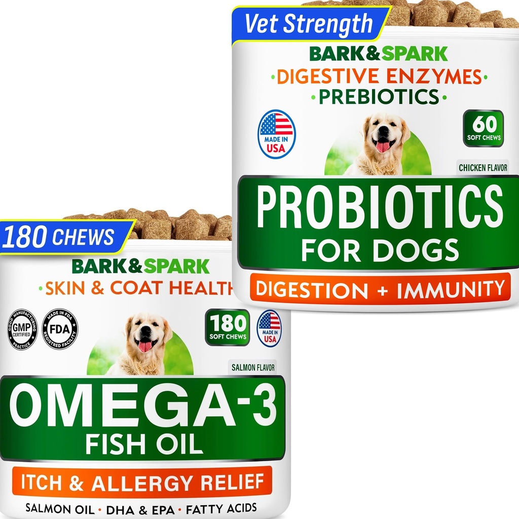 BARK&SPARK Omega 3 for Dogs + Dog Probiotics for Digestive Health & Enzymes - Fish Oil Treats for Dog Shedding, Skin Allergy, Itch Relief, Hot Spots Treatment - Diarrhea, Gas, Upset Stomach Relief