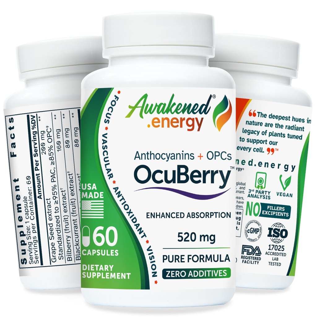 OcuBerry - Bilberry, Grape Seed, Black Currant & Black Rice Extracts - Antioxidant & Vascular Support - Vision, Retina & Blue Light Protection - No Fillers, Excipients - 60 Vegan Capsules Supplement