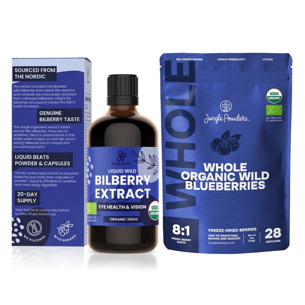 Jungle Powders Wild Bilberry Liquid Extract 3.4oz & Organic Freeze Dried Whole Blueberries 4oz – Alcohol-Free European Bilberry Liquid Supplement for Eyes & No Sugar Added Handpicked Dried Blueberries