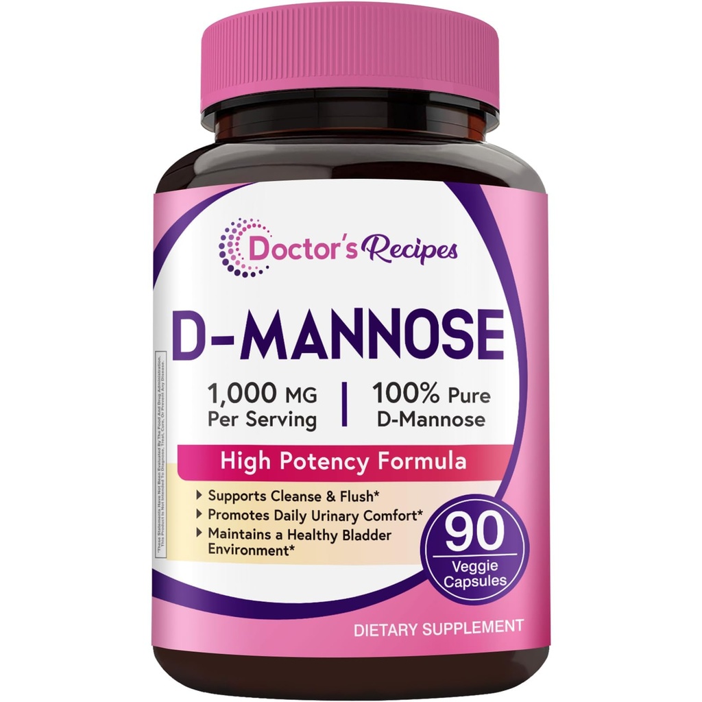 Doctor's Recipes D-Mannose Capsules 1000mg, Non-GMO, High Purity D-Mannose Supplement for Urinary Tract Wellness & Comfort, Bladder Support, Vegan, 90 Capsules