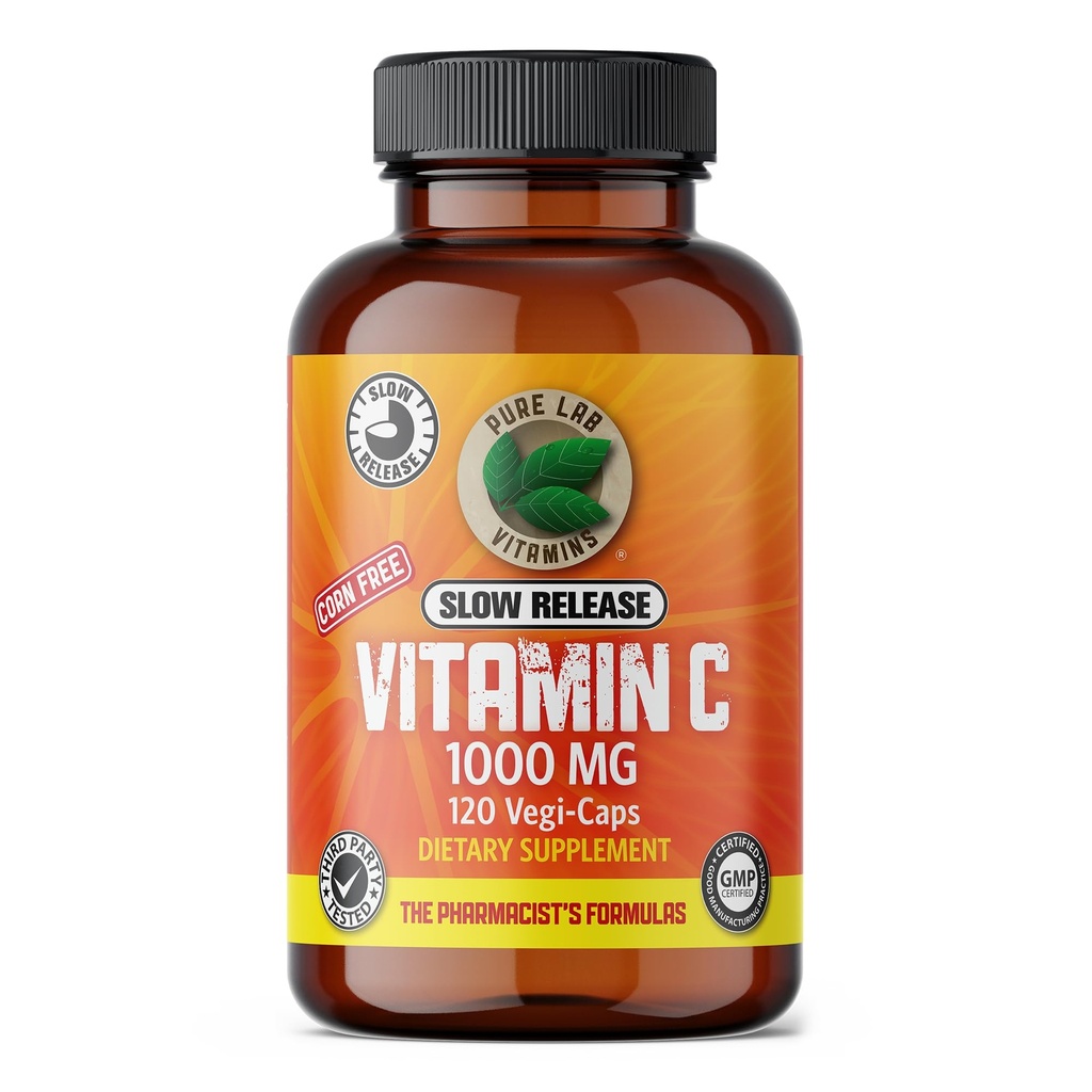 Pure Lab Vitamins Slow Release Corn Free Vitamin C 1000 mg - 120 Vegi-caps | Corn free, slow release formula, Supports collagen formation, Immune support, Vegan, third-party tested