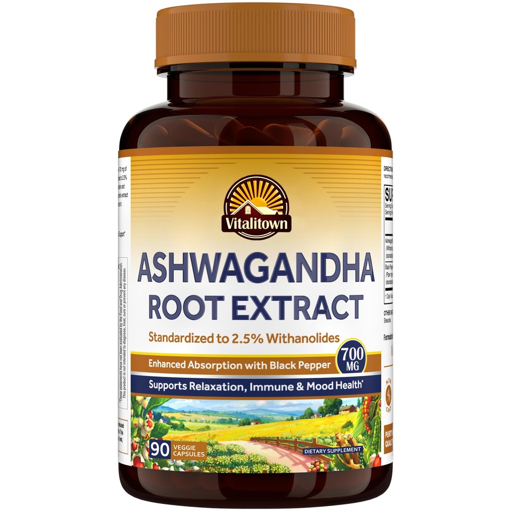 Vitalitown Ashwagandha Supplement 700mg, Root Extract, Stress, Mood & Immune Support, Black Pepper Extract for Max Absorption, Non-GMO, Ashwagandha for Women, 90 Vegan Capsules