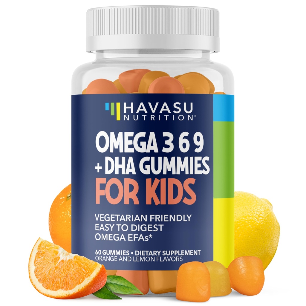 Omega 3 6 9 + DHA Gummies for Kids - Vegetarian, Plant-Based Fish Oil with DHA and EPA for Children 2+ to Support Body and Brain Development - No Fishy Taste - Lemon and Orange Flavors - 60 Count