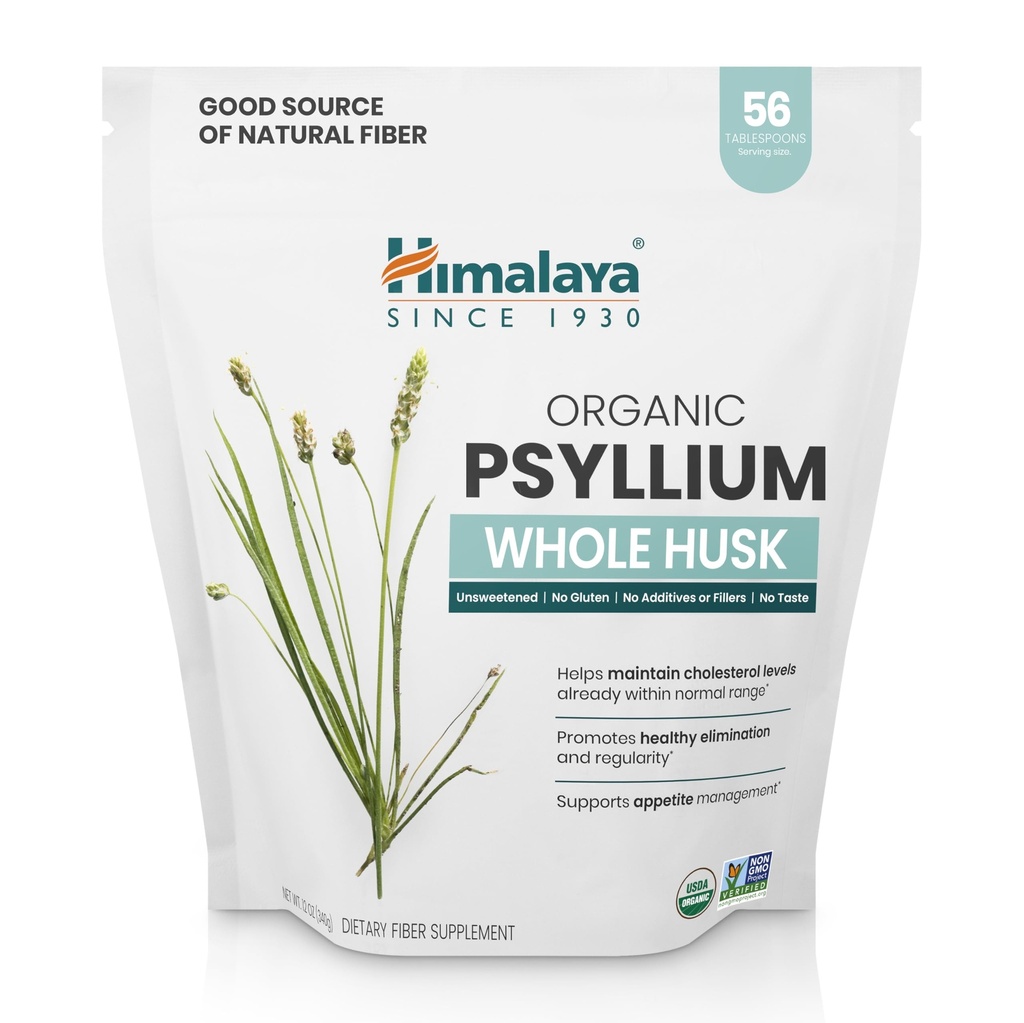 Himalaya USDA Organic Psyllium Whole Husk Powder, Natural Daily Fiber Supplement, Regularity, Appetite Management, Non-GMO, 56-Tablespoon Supply, Unflavored, 12 Oz