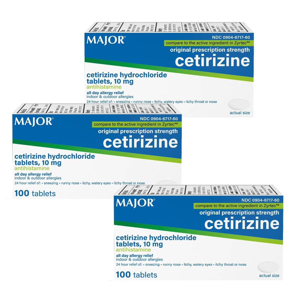 Major Cetirizine Hydrochloride Tablets - 24 Hour Indoor and Outdoor Allergy Relief for Sneezing, Watery Eyes, Itchy Throat or Nose - 10mg - 100 Count (3 Pack)