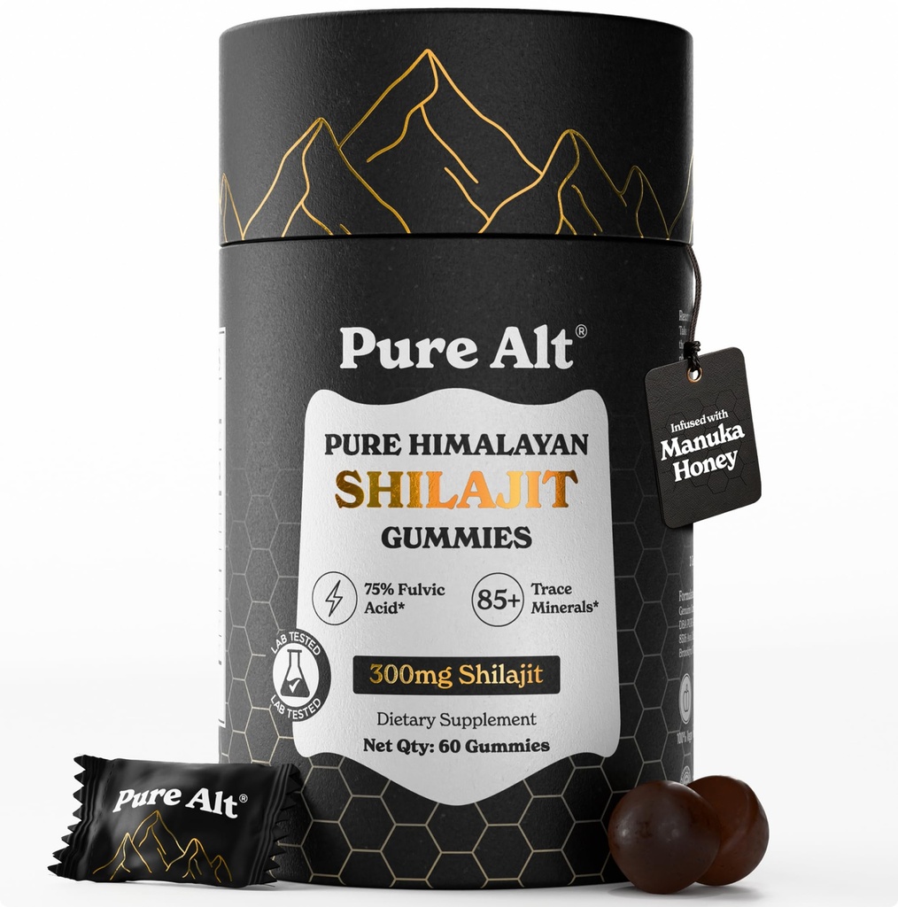 PURE ALT Natural Himalayan Shilajit Gummies – Gold Grade Extract | Sugar-Free, Vegan & Non-GMO | Manuka Honey (MGO 263) & Ashwagandha | 75% Fulvic Acid & 85+ Trace Minerals | Lab Tested | 60 Gummies