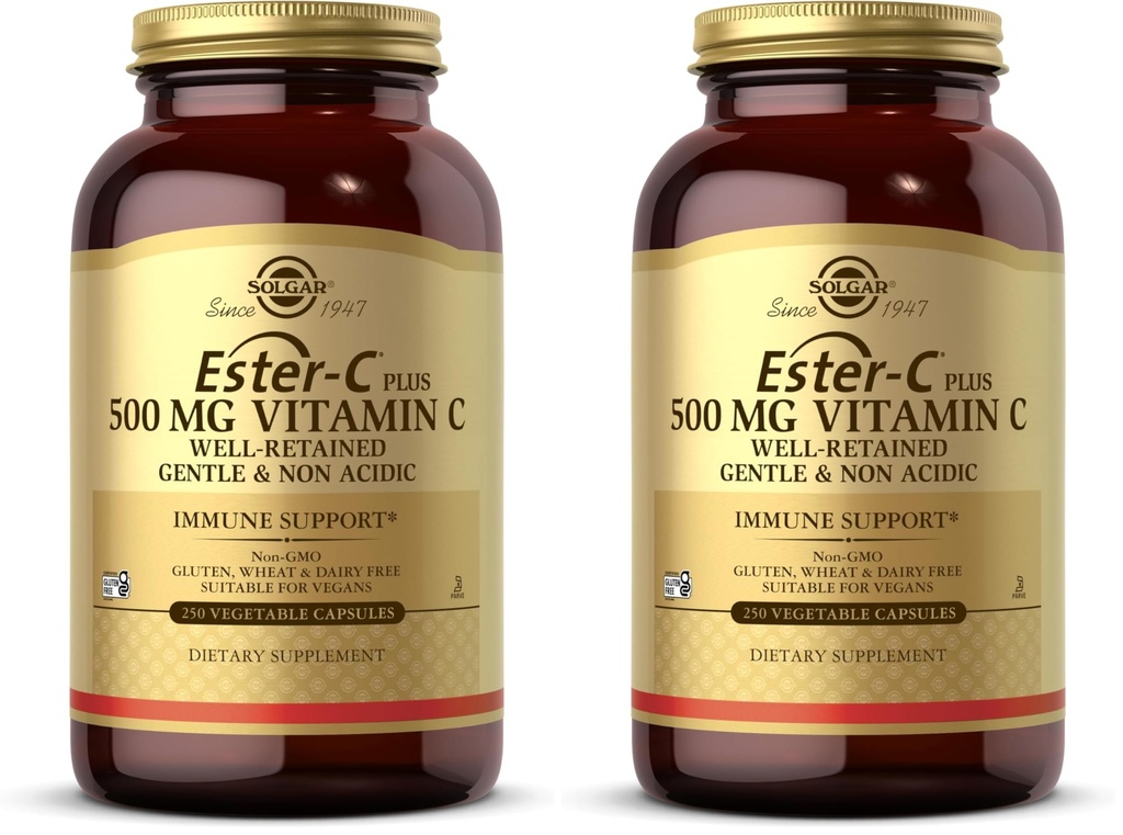 Solgar Ester-C Plus 500 mg Vitamin C (Ascorbate Complex),250 Vegetable Capsules - Gentle & Non Acidic - Antioxidant & Immune Support - Non GMO,Vegan,Gluten Free,Kosher - 250 Servings,(Pack of 2)