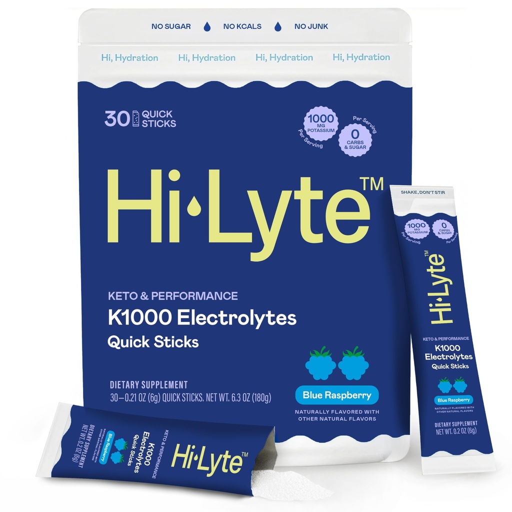 Hi-Lyte K1000 Blue Raspberry Electrolytes Powder Packets, 30 Servings - 1000mg Potassium + Magnesium, Sodium, Trace Minerals - 0 Carbs, 0 Sugar