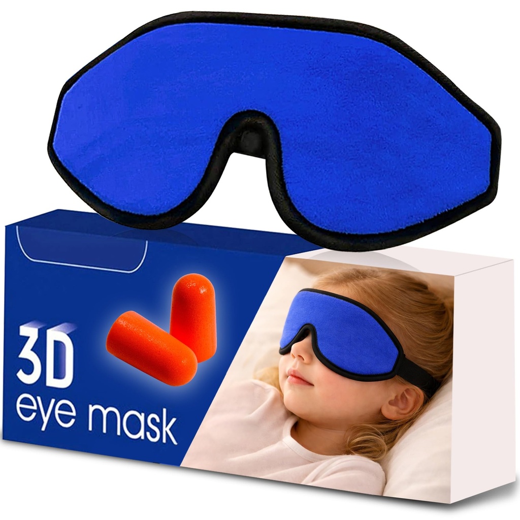 3D Sleep Mask for Kids, Light Block Sleeping Blindfold Memory Foam Contoured Eye Mask for Sleep, Adjustable Strap Eye Cover and Travel Sleep Mask for Boys Girls, Dark Blue
