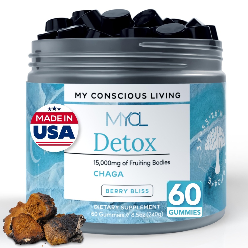 Detox Chaga Mushroom Gummies - Antioxidant and Mushroom Immune Support Supplement - 250mg Fruiting Bodies - Mental Clarity and Focus Supplements - Vegan, Gluten Free - Blueberry Lemonade - 60 Count