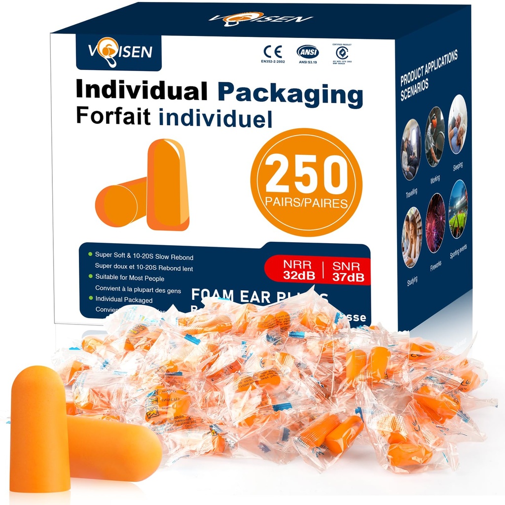 VOISEN Ear Plug,250 Pairs Ear Plugs for Sleeping,32dB NRR 37dB SNR Ear Plugs Noise Cancelling for Snoring, Studying, Loud Events, Traveling & Concerts, Individual Package