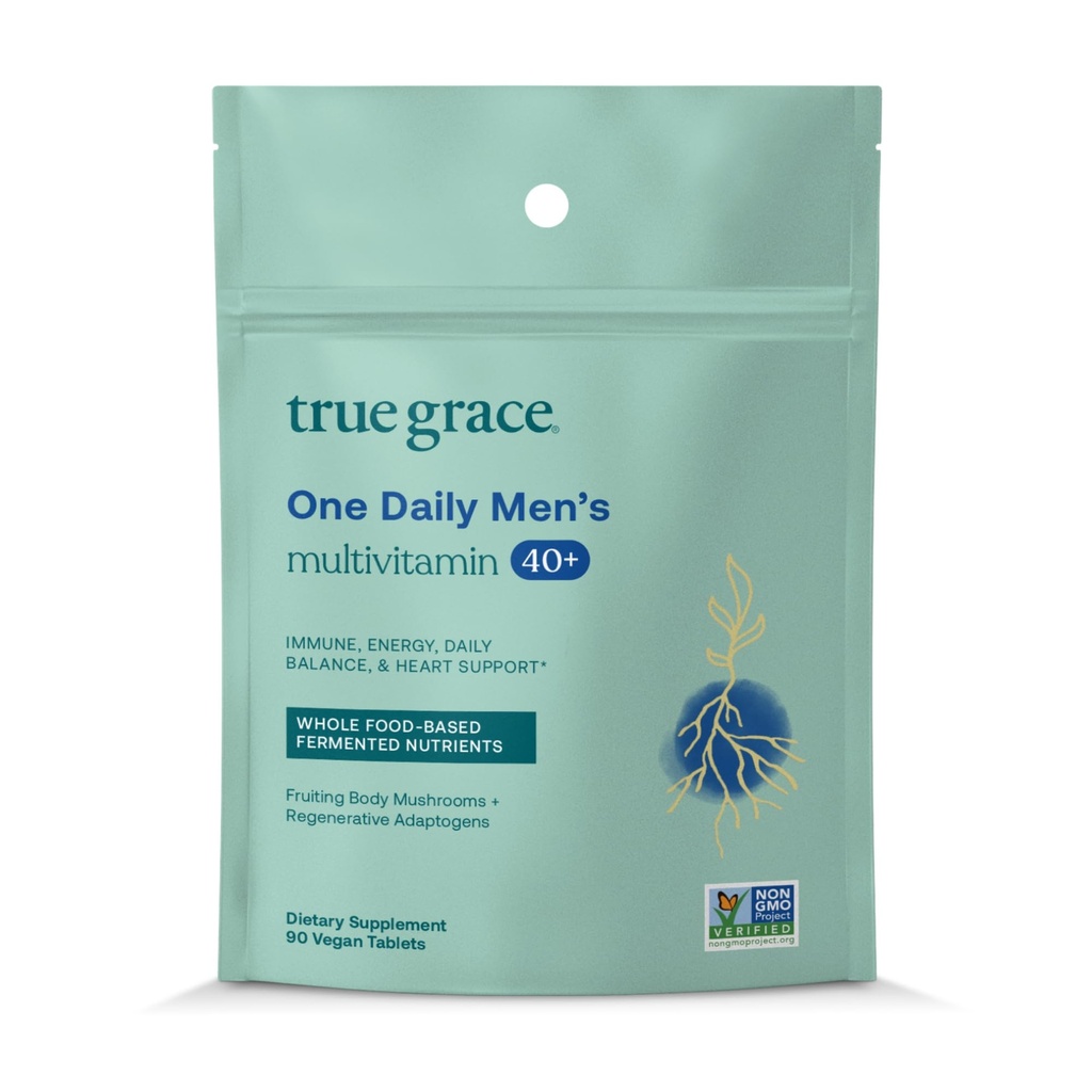 True Grace Men's 40+ One Daily Multivitamin Fermented Minerals, Organic Adaptogens & Mushrooms Whole Body Balance Immune, Endurance, Bone & Heart Support Supplement - Non-GMO - 90 Vegan Tablets