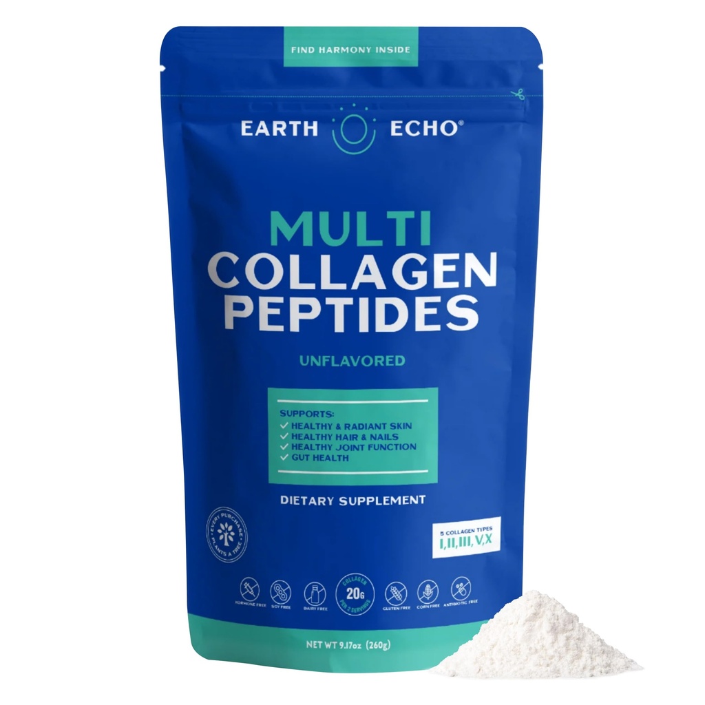 Earth Echo Multi Collagen Peptides Powder - Unflavored Hydrolyzed Collagen with Vitamin C & Hyaluronic Acid for Skin, Joints, Gut & Immunity - Non-GMO, Dairy-Free, Keto-Friendly - 26 Servings