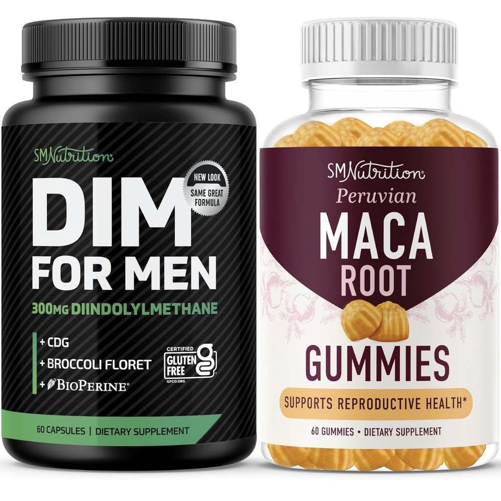 SMNutrition Maca Root Gummies & 300mg DIM Supplement for Men for Testosterone and Performance Support | Invigorating Maca Gummies Complex (30 Servings) with DIM Complex for Men (60 Servings)