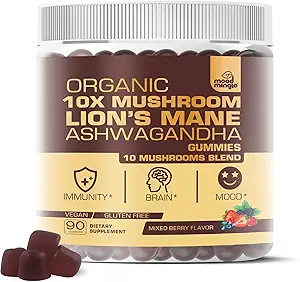 Organic 10X Lion’s Mane Mushroom Gummies for Kids Adults (4350mg) - Gluten Free Daily Supplement Complex Blend with Reishi Turkey Tail Shiitake