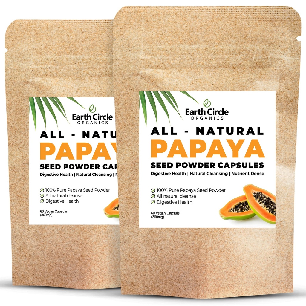 Papaya Seed Powder Capsules – Powerful Papain Supplement with Vitamins A, C, & E & Enzymes for Digestion & Gut Health – 360mg/Serving – 60 Vegan Capsules per Pack (Pack of 2, 60-120 Day Supply)