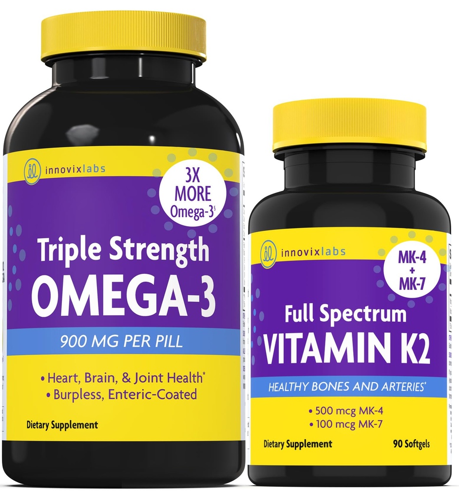 InnovixLabs Vitamin K2 & Triple Omega Bundle Full Spectrum Vitamin K2 (90 Softgels) Triple Strength Omega-3 Fish Oil (200 Softgels). Supports Healthy Bones, Arteries and Joints. *