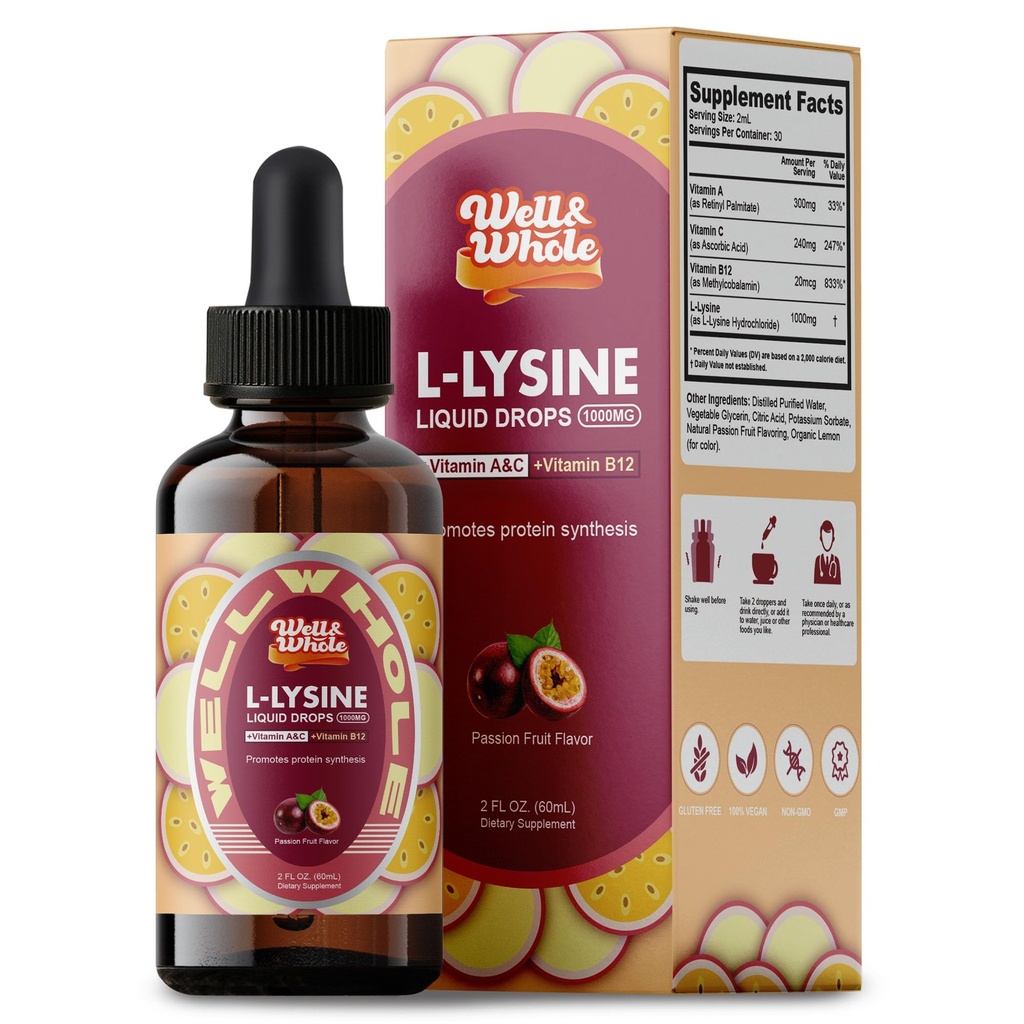 L-Lysine Supplement Liquid Drops | L-Lysine 1000mg Tincture with Vitamin A, C, and B12 for Adults & Kids | Immune Support, Skin & Lips Health, Collagen Synthesis | Non-GMO, Vegan, 2 Fl Oz (60 ML)