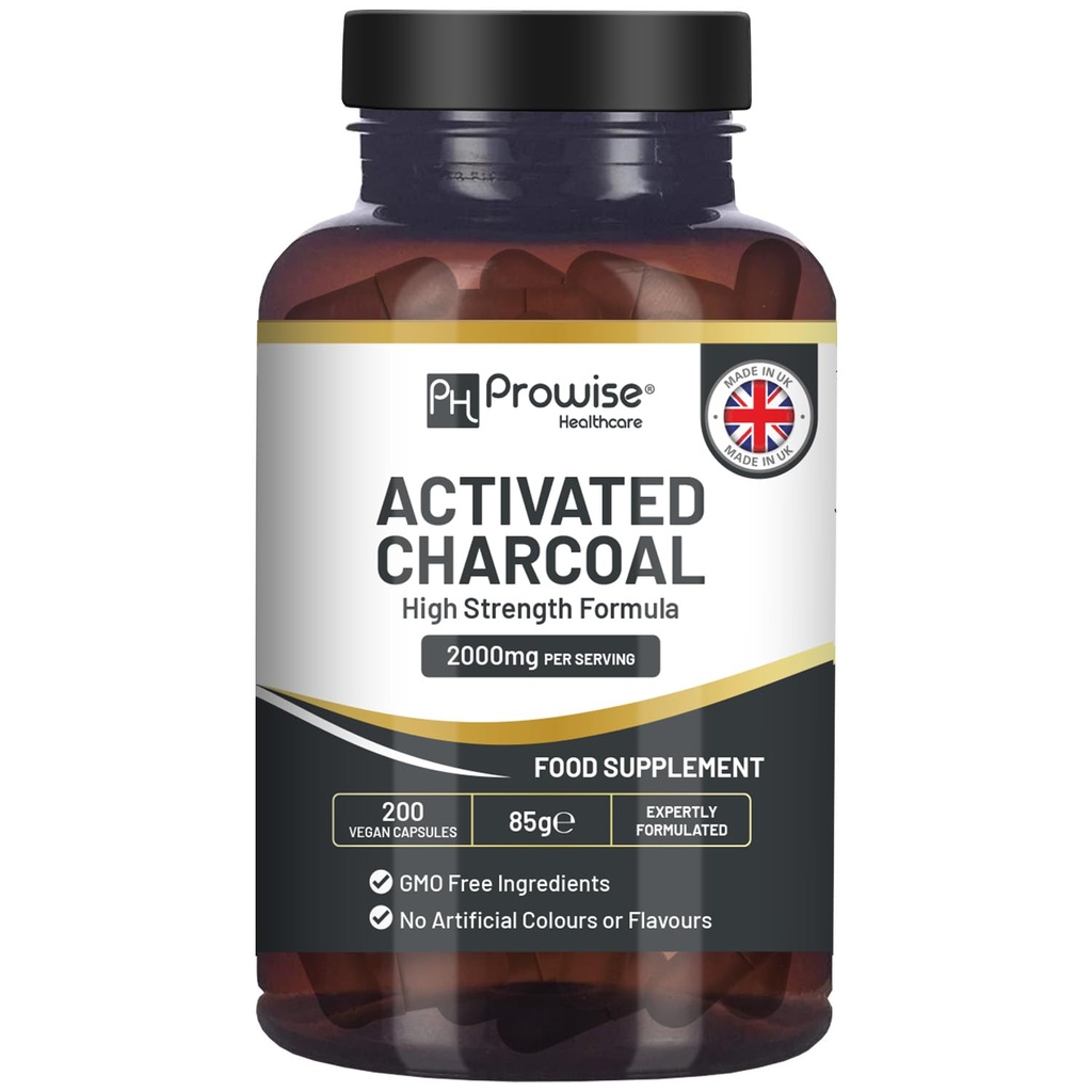 Activated Charcoal Capsules - 200 High Strength Vegan Capsules- 2000mg per Serving I Made in The UK by Prowise Healthcare