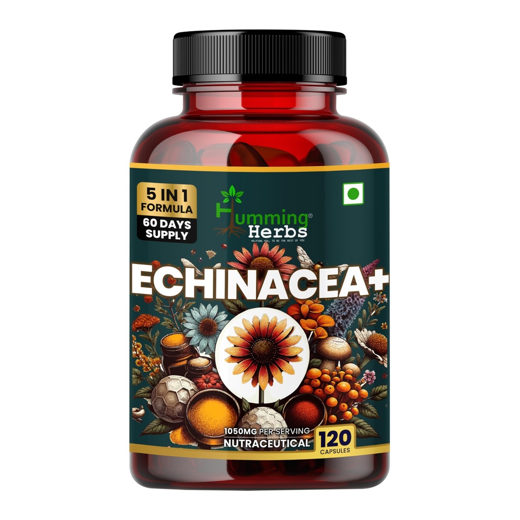 Humming Herbs Echinacea+ 1050mg with Tulsi, Quercetin, Vitamin C & Zinc | 5-in-1 Herbal Support Formula | 120 Veg Capsules | 60 Days Supply | Non-GMO & Gluten-Free