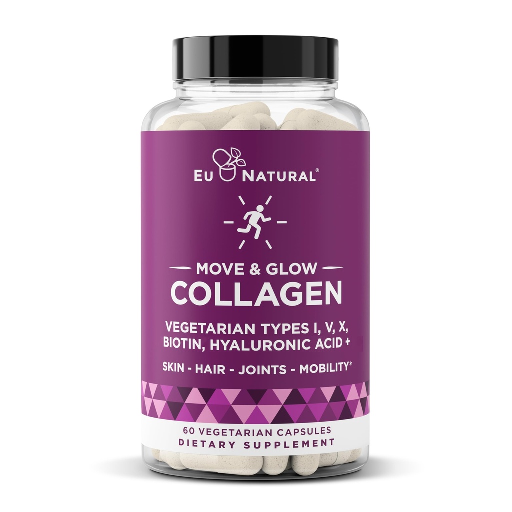 Move & Glow Collagen Pills for Women & Men - Vegetarian Multi-Collagen (Type I-V-X) with 9 Plant-based Superfoods for Skin Health & Joint Support - Biotin, Vitamin C, Vitamin E, 60 Vegetarian Capsules