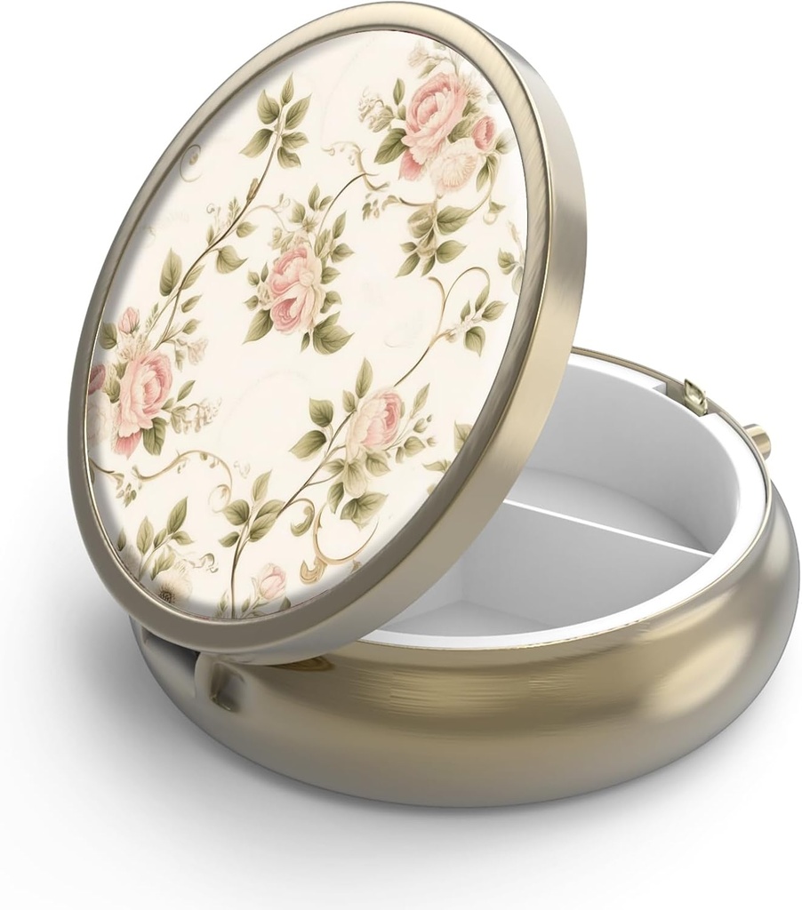 Pill Case Pill Box with Mirror Retro 3 Compartment Small Pill Case for Purse or Pocket Bronze Small Roud Pill Box or Vitamins, Fish Oil, Supplements, Pill Containe Travel Gifts（Vintage Floral）