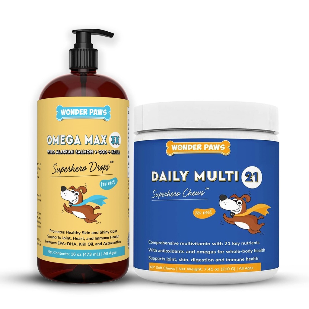 WONDER PAWS Omega Max Fish Oil Plus Daily Multivitamin Chews - for Dog Joint Health, Skin Moisture, Immune System Support & Daily Wellness - Omega Max 16 Ounces - Multivitamin 60 Chews