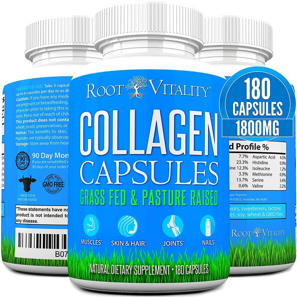 Root Vitality Collagen Peptides Capsules - Grass-Fed, Pasture-Raised Hydrolyzed Protein Supplement for Skin, Hair, & Nails - Non-GMO, Zero Sugar Daily Pills for Men & Women (180 Capsules)
