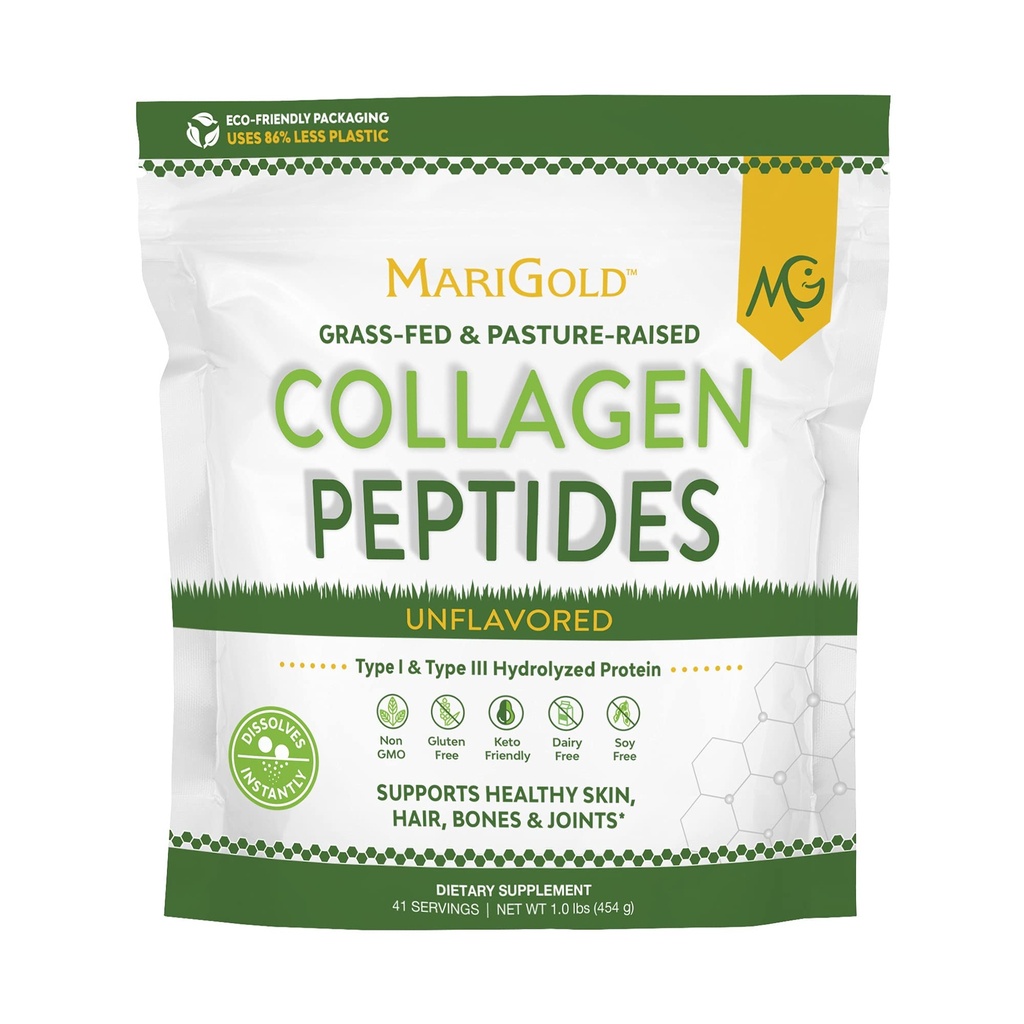 MariGold Grass-fed Collagen Peptides Powder Unflavored 1LB - 100% Pure, Type I & III Bovine Hydrolyzed Collagen, Non-GMO, Hormone-Gluten-Dairy Free, Keto-Friendly, Easy to Mix