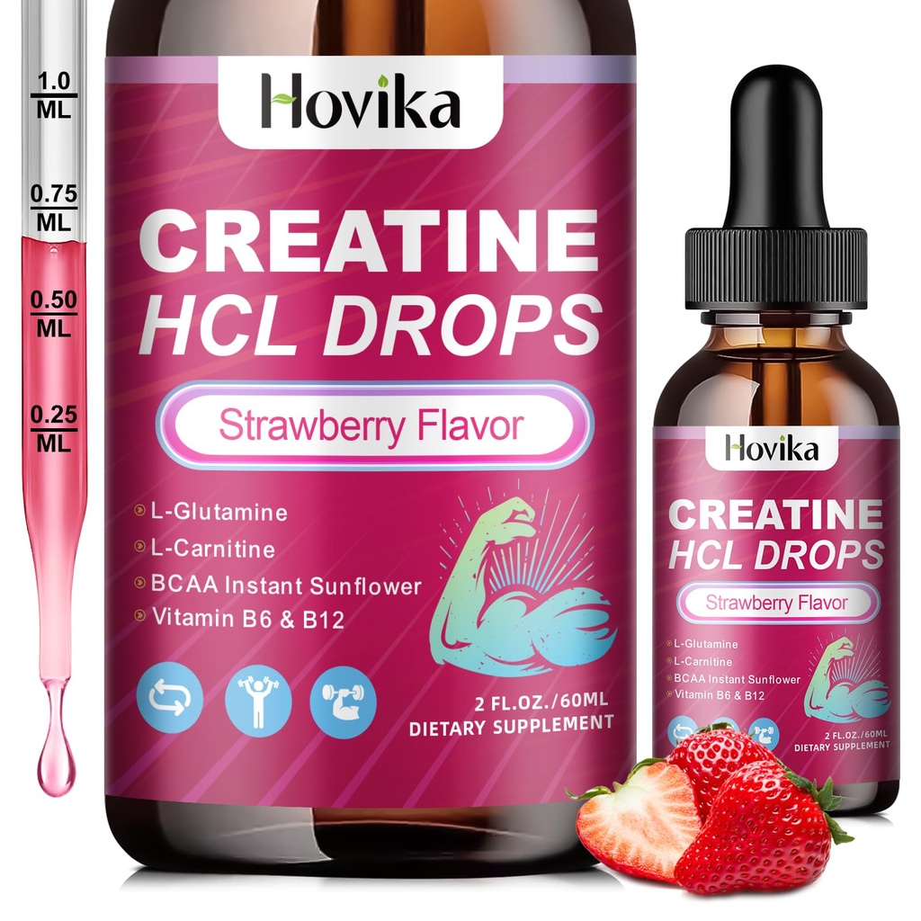Creatine HCL Liquid Drops for Men & Women, Creatine Hydrochloride with L-Carnitine, L-Glutamine, BCAA, Vitamin B12 & B6 for Muscle Growth, Promote Energy & Recovery-Vegan, Strawberry Flavor, 2 Fl Oz