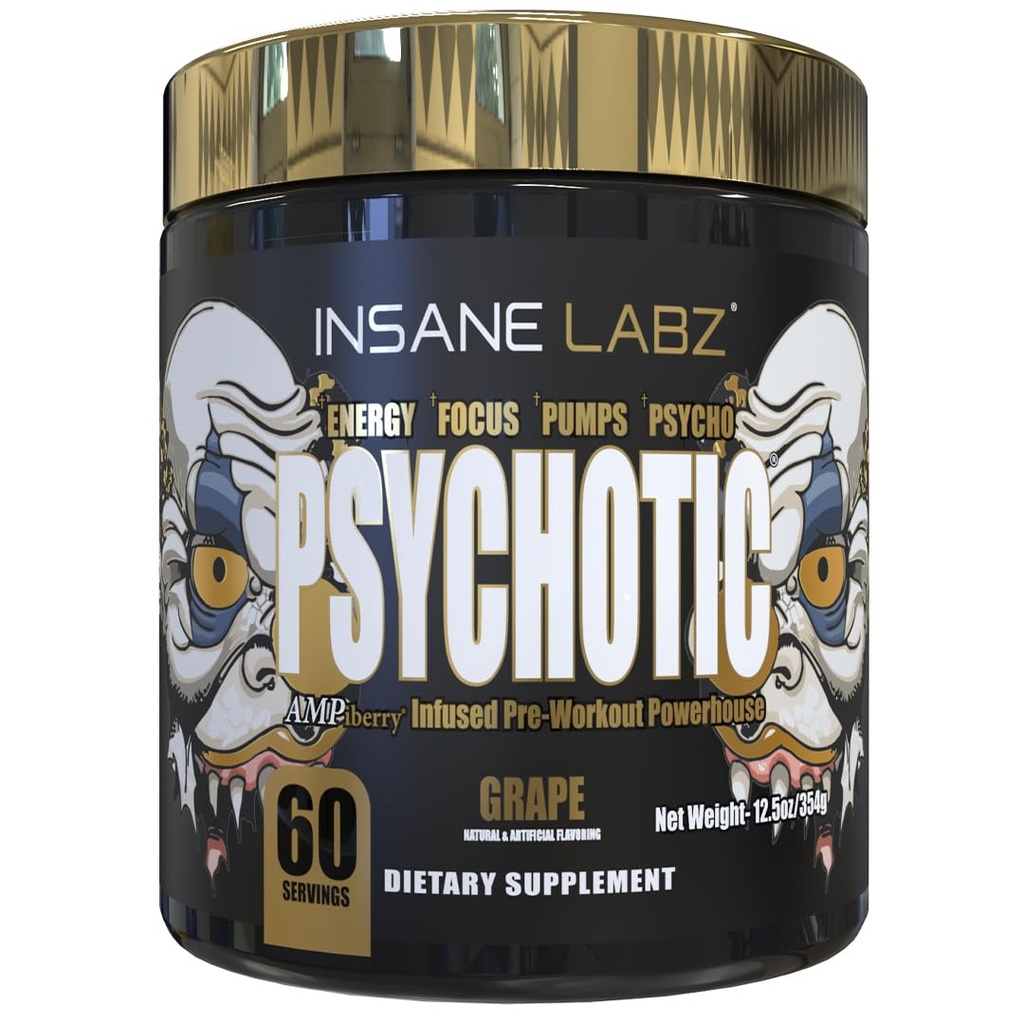 Insane Labz Psychotic Gold, High Stimulant Pre Workout Powder, Extreme Lasting Energy, Pumps and Endurance with Beta Alanine, DMAE Bitartrate, NO Booster (60 Servings, Grape)