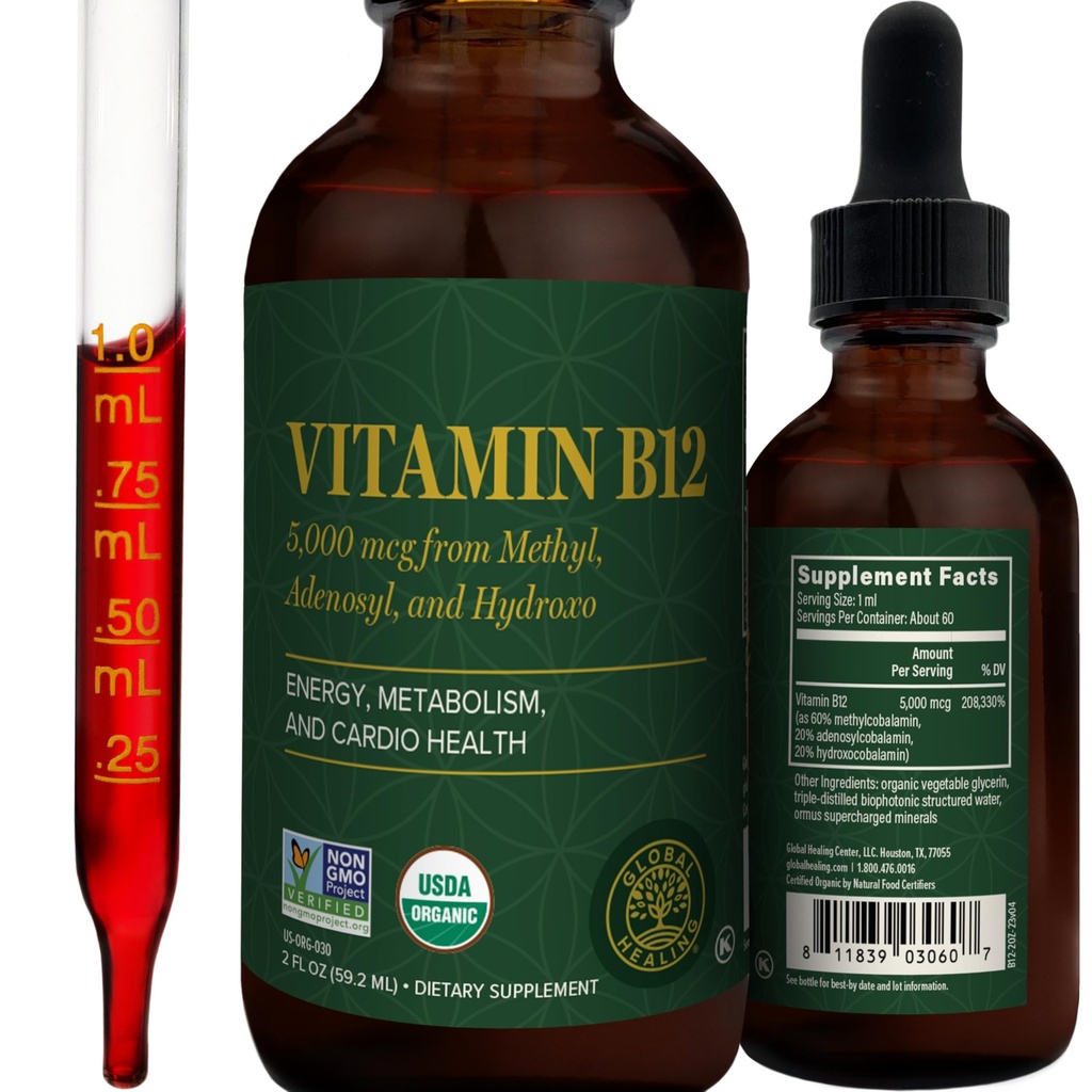Global Healing - Organic Vitamin B12 5000 MCG Sublingual Liquid - Methylcobalamin, Hydroxo Blend & More - Methylated Drops for Adults - Vegan, Non-GMO, VIT B12, Vitamins Supplement (2 Oz)