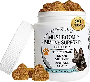 Dogs Immune Support Mushroom Supplement - Supports Longevity, Cognition, Joint, Cellular & Gut Health - All Natural Organic, GrainFree - Aid for Lumps and Bumps, Chicken Flavor - 90 Chews