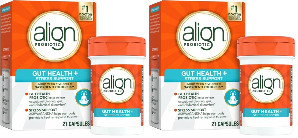 Align Probiotic, Gut Health + Stress Support, with Probiotics for Digestive Health and Ashwagandha to Help Calm Mind and Body*, #1 Doctor Recommended Brand‡, 21 Capsules (Pack of 2)